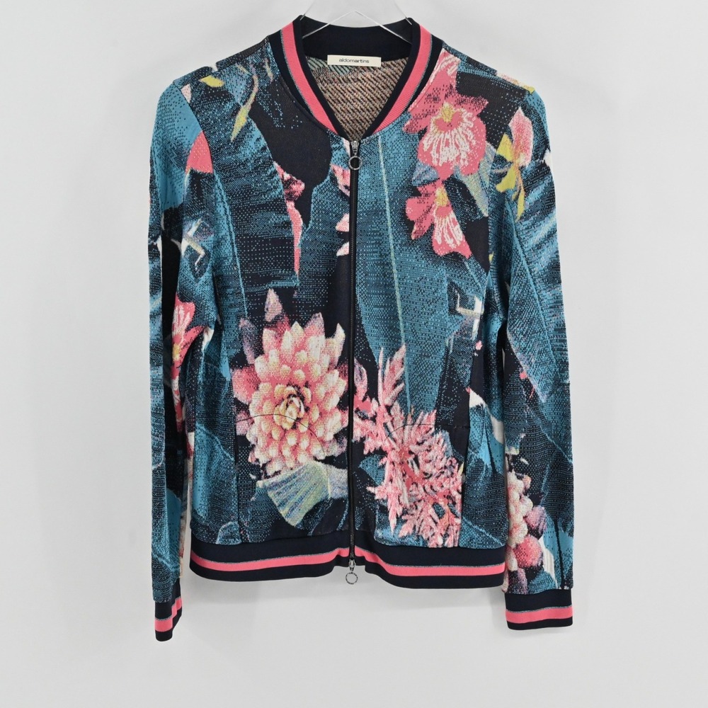 Aldo Martins Floral Knit Bomber Jacket Womens Size 10 Blue Cotton Tropical Spain